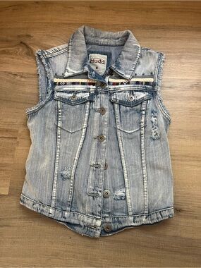 Mudd Light Blue Distressed Denim Vest with Embroidered Trim